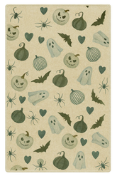 Halloween rug with ghosts, bats, spiders, and pumpkins machine washable.